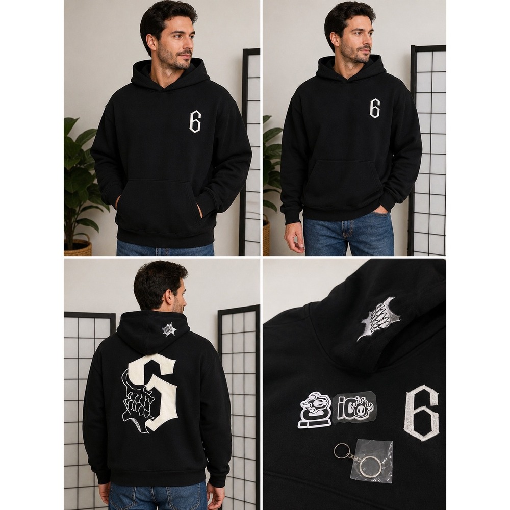Men's Medium Black Graphic Hoodie Skull 6 Streetwear Y2K Goth Oversized Back